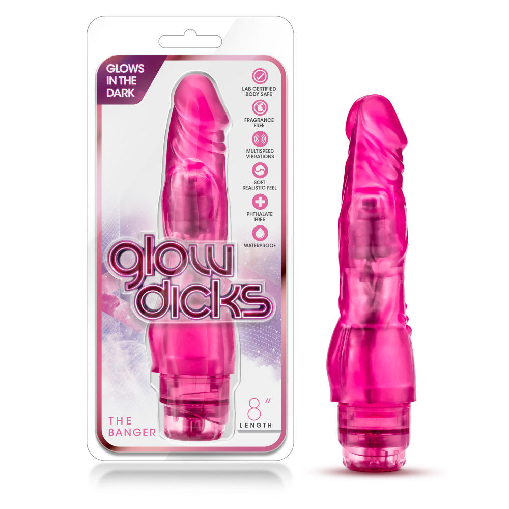Glow Dicks By Blush® | The Banger Realistic Pink 8-Inch Long Vibrating Dildo